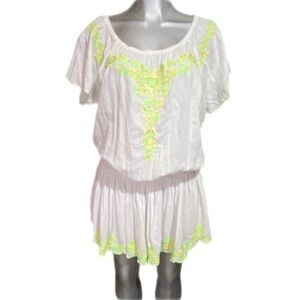Ludi Blouson Dress Neon Green Embroidery Embellished Beaded Boho Beach Sz Small